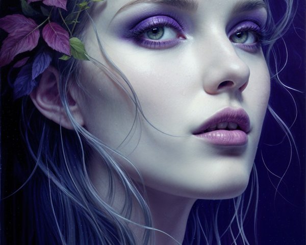 Portrait of a serene woman with silver hair and leaves