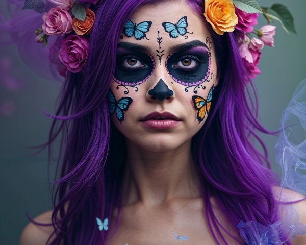 Woman with Purple Hair and Day of the Dead Makeup