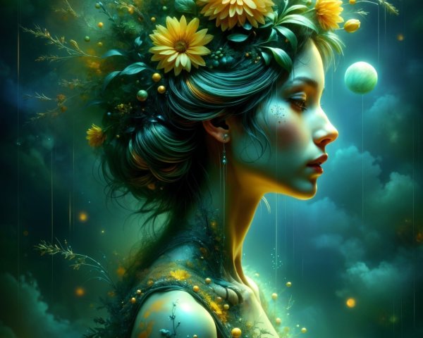 Mystical Profile of a Woman with Floral Accents