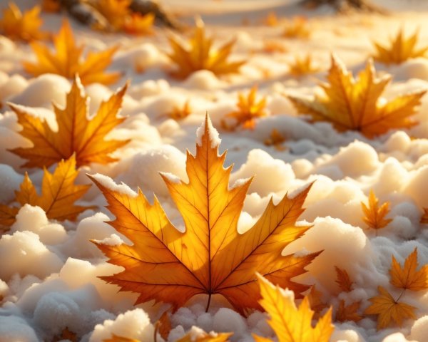 Serene Autumn Landscape with Maple Leaves and Snow