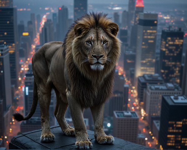 Lion on High-Rise Building Overlooking Cityscape at Twilight