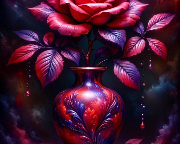Intricately Designed Vase with Vibrant Rose and Leaves