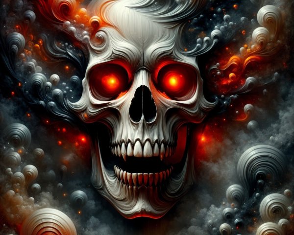 Stylized Skull with Glowing Eyes and Fiery Background