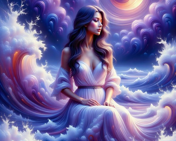 Full-body painting of a woman in a flowing dress