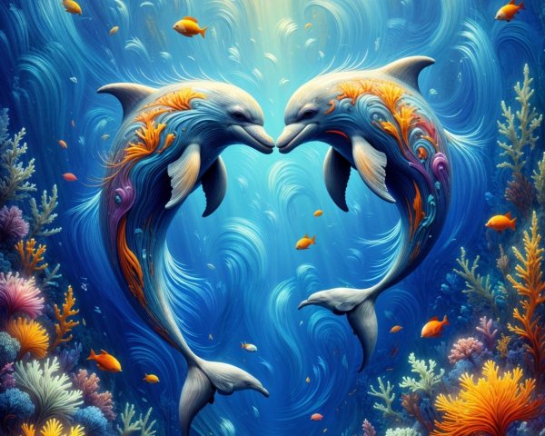 Dolphins in Vibrant Underwater Coral Reef Scene