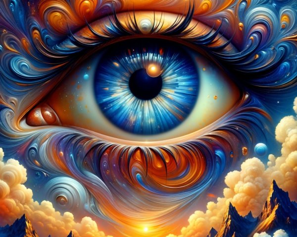 Surreal Eye with Cosmic Patterns and Dreamlike Landscape