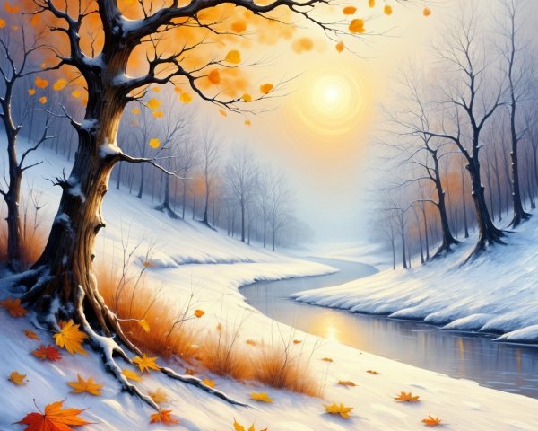 Winter Landscape with River and Autumn Leaves