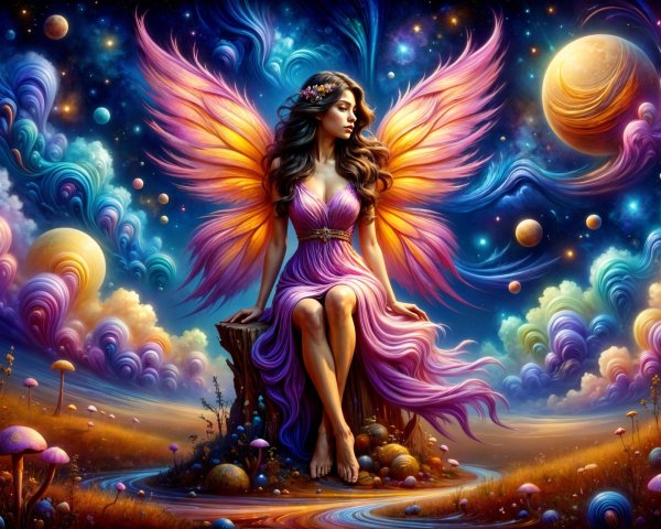 Fairy with Orange Wings in Colorful Dream Landscape