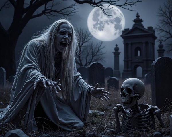 Spectral Figure and Skeleton in Haunting Graveyard Scene