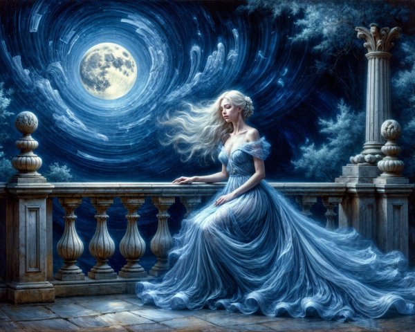 Serene Night Scene with Woman on Balcony Under Moon