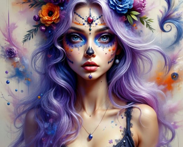 Woman with Floral Hair and Sugar Skull Makeup