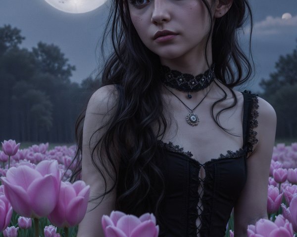 Young woman in black dress among blooming tulips at night