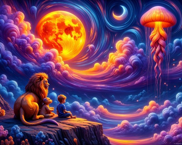 Boy on Rocky Ledge Observes Night Sky with Animals