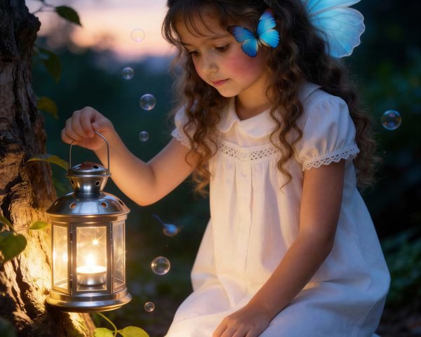 Young girl with fairy wings and glowing lantern by tree