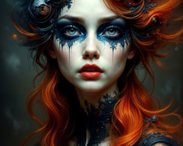 Vibrant Red-Haired Figure with Dramatic Makeup and Art