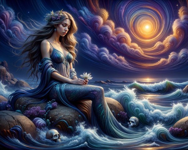 Mermaid on Rocky Shore with Lotus and Night Sky