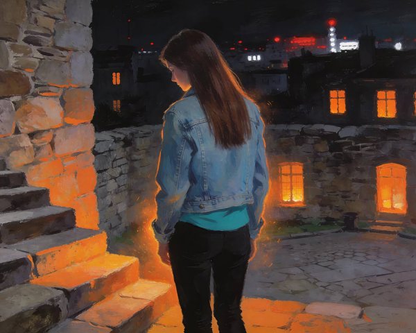 Oil Painting of Young Woman on Stone Stairs at Night