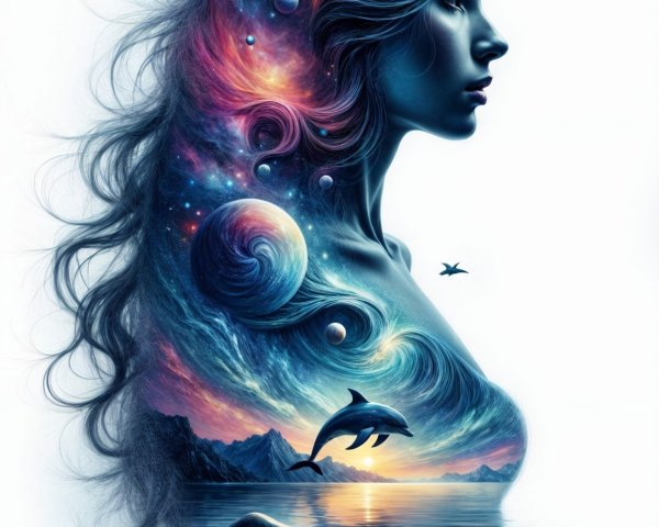 Silhouette of Woman with Cosmic Hair and Dolphin Scene