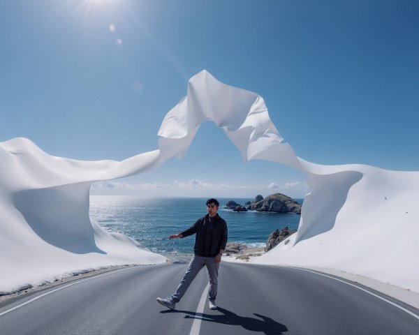 Person on a road with white fabric and ocean view