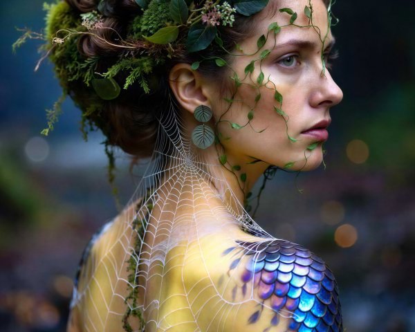 Profile of a woman with nature-inspired adornments