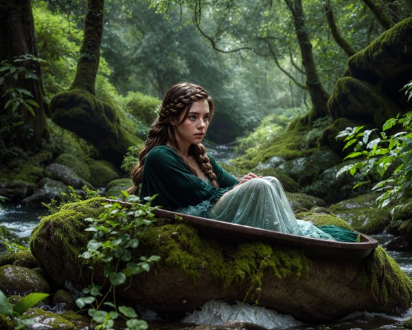 Young woman in canoe amidst serene forest landscape