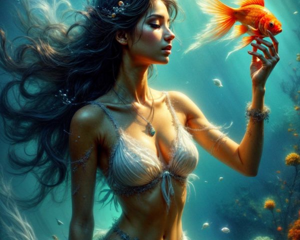 Mystical Woman in Serene Underwater Scene with Goldfish