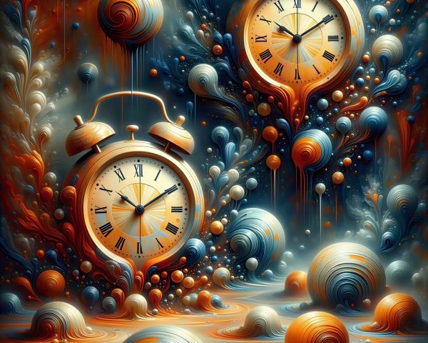 Psychedelic Digital Painting of Gold Alarm Clocks