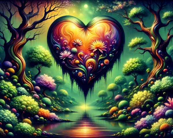 Surreal Landscape with Heart-Shaped Floral Formation