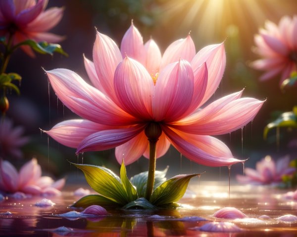 Pink Lotus Blossom in Serene Pond Setting