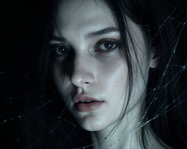 Close-up of a young woman with spiderweb backdrop
