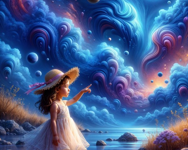 Young girl in white dress by water with cosmic sky
