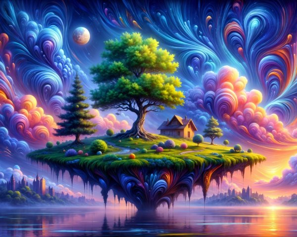 Surreal Landscape with Floating Island and Lush Tree