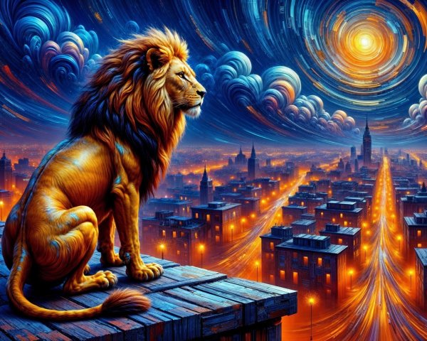 Lion Overlooking Vibrant Cityscape at Dusk