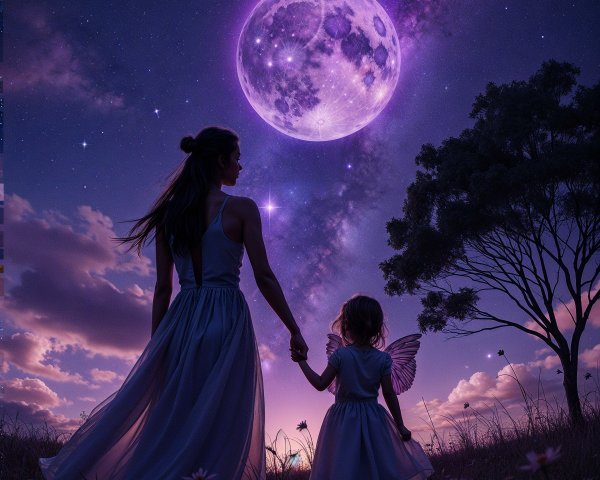 Twilight Scene with Woman, Girl, and Purple Moon