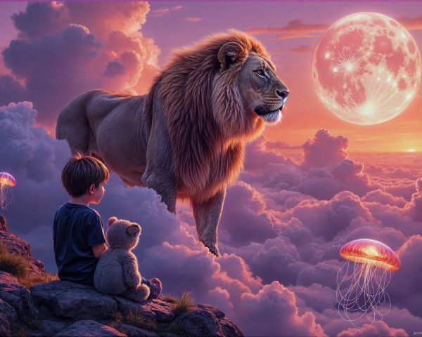 Young boy with teddy bear gazes at lion under moon