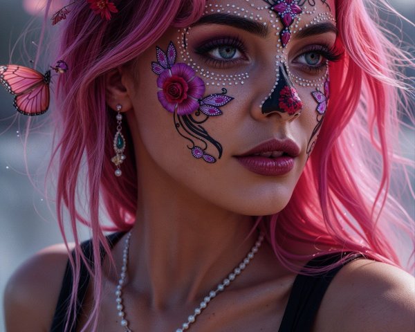 Vibrant Woman with Pink Hair and Floral Accents