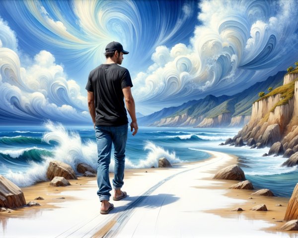 Lone Figure on Winding Beach Path with Rocky Shores