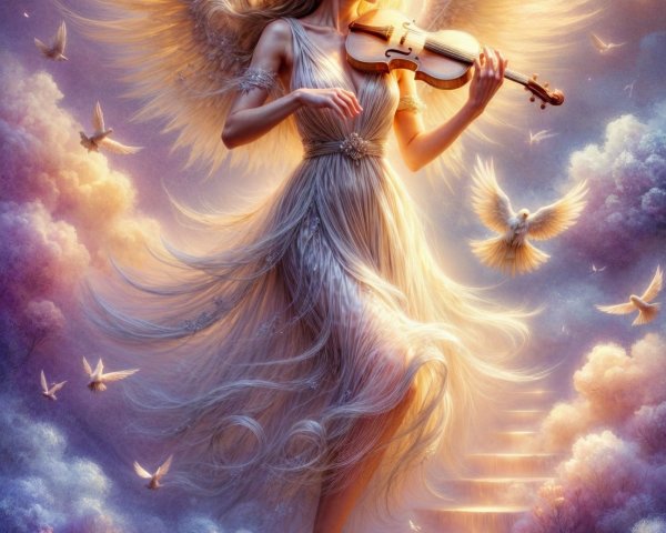 Angelic Woman Playing Violin Among Doves and Clouds