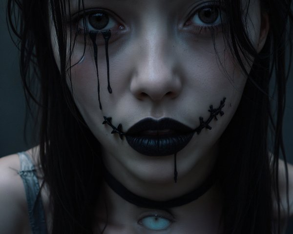 Close-Up of Pale Skin and Dark Hair with Eerie Makeup