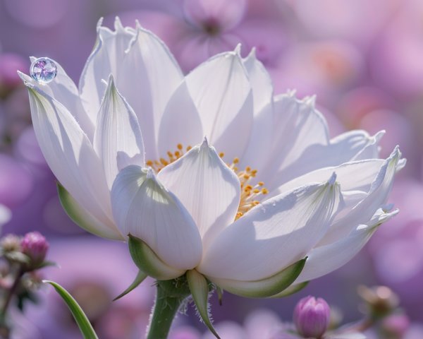 White Lotus Flower with Yellow Center and Dewdrop