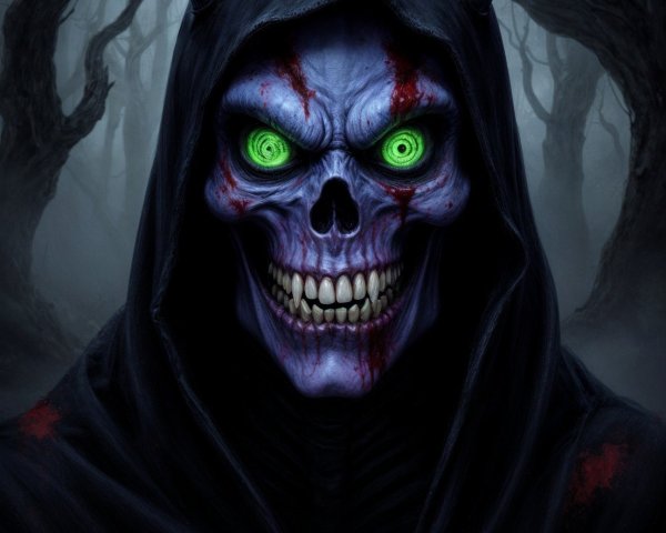 Menacing figure with skull face and dark surroundings