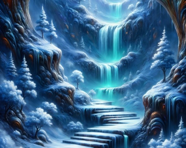 Winter Scene in a Shimmering Ice Cave with Waterfalls