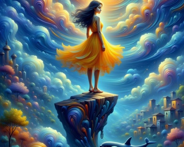 Young woman in yellow dress on rocky cliff with orca