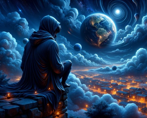 Cloaked Figure Contemplating Cosmic Landscape