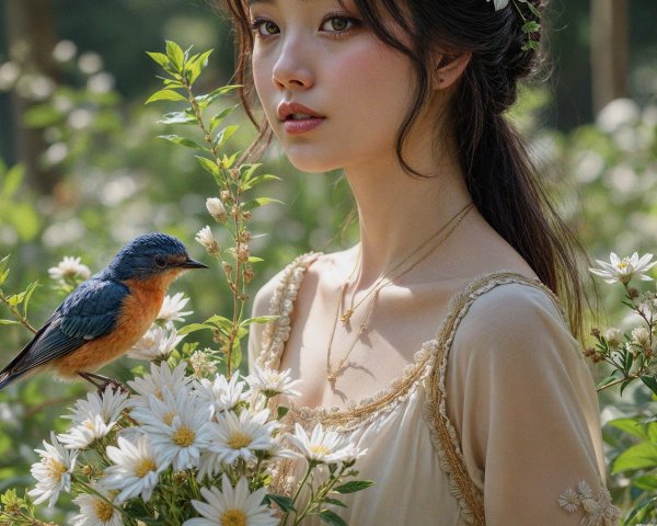 Young woman in meadow with flowers and bluebird
