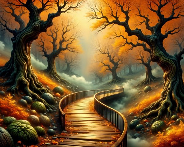Winding Wooden Path in an Autumn Forest Landscape