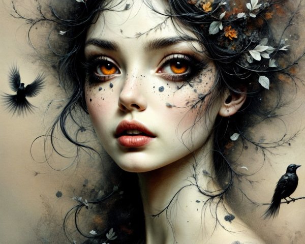 Mystical Young Woman with Amber Eyes and Nature Elements