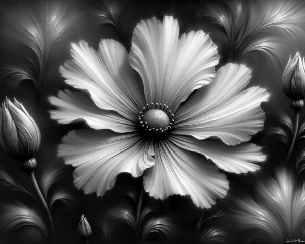 Black and White Floral Composition with Oversized Flower