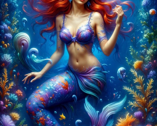 Vibrant Underwater Scene with Mermaid and Marine Life
