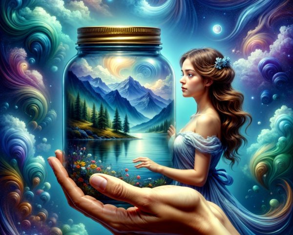 Mystical Scene of Woman with Glass Jar Landscape